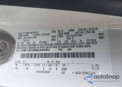 2021 Ford Escape Sel z USA, uszkodzony, nr VIN 1FMCU9H90MUA93864